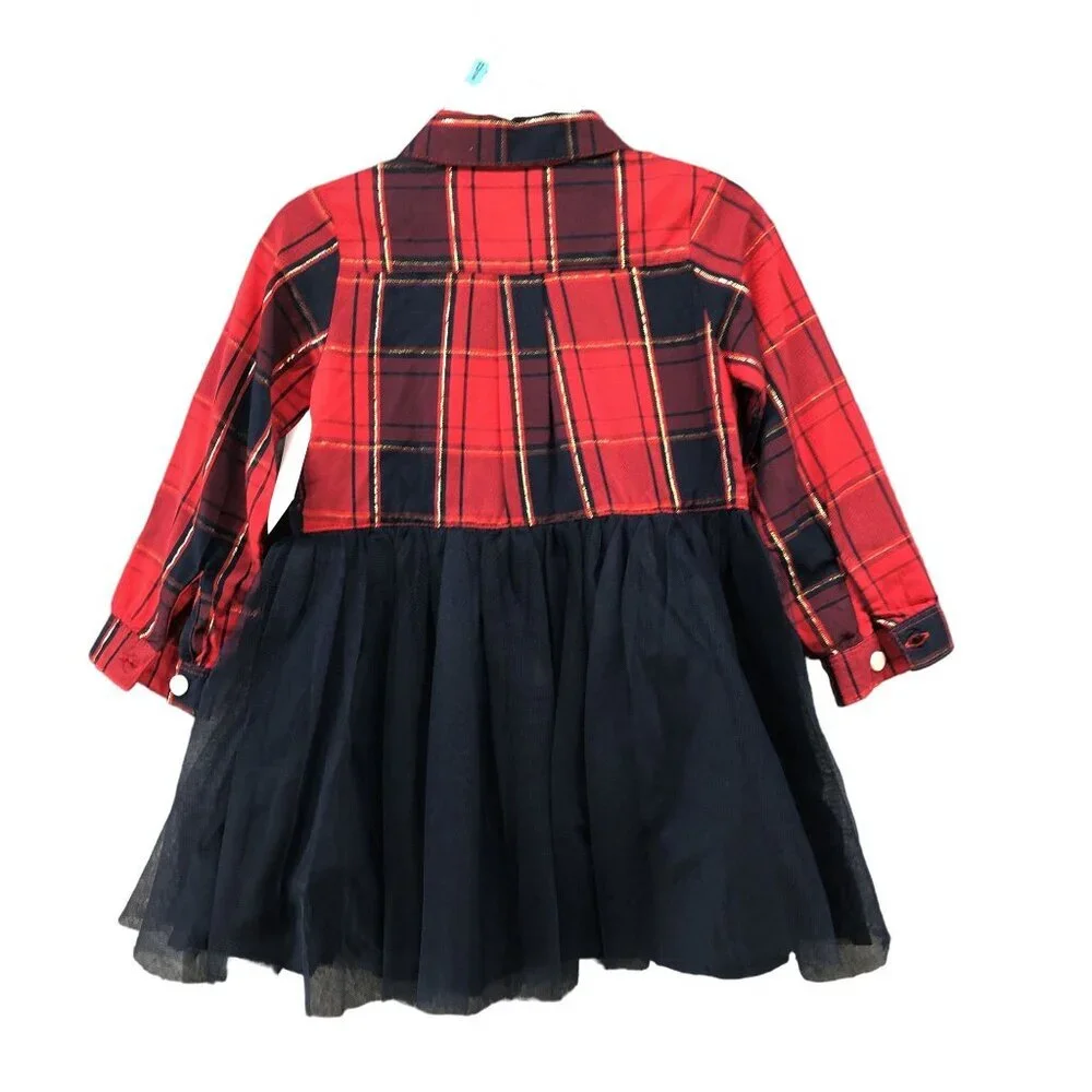 NWT Oshkosh B'gosh Girls 2T Long Sleeve Dress Tutu Red Plaid Holiday Shirt Dress